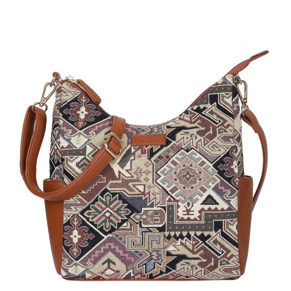Ladies Geometric Tapestry Hobo Bag with Vegan Leather I Shoulder & Crossbody